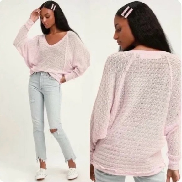 Free People We The Free Thiens Hacci Powder Pink V Neck Lightweight Sweater, XL - Picture 2 of 15